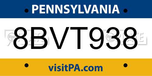 8BVT938 Pennsylvania License Plate