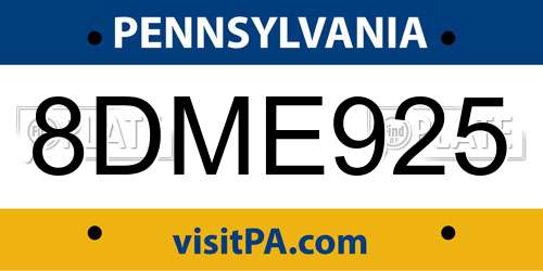 8DME925 Pennsylvania License Plate