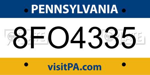 8FO4335 Pennsylvania License Plate