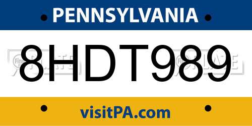 8HDT989 Pennsylvania License Plate