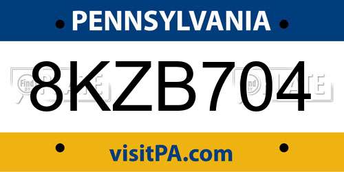 8KZB704 Pennsylvania License Plate