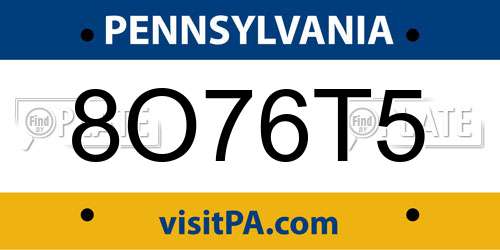 8O76T5 Pennsylvania License Plate