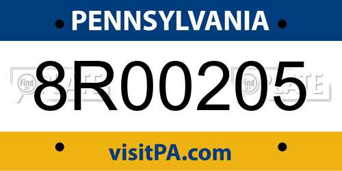 8R00205 Pennsylvania License Plate