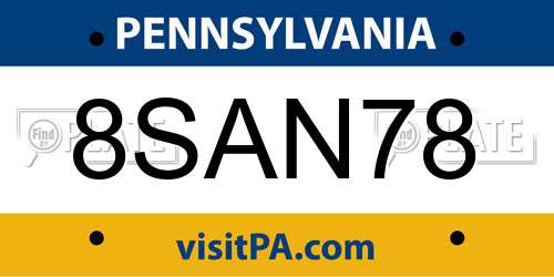 8SAN78 Pennsylvania License Plate