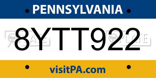 8YTT922 Pennsylvania License Plate