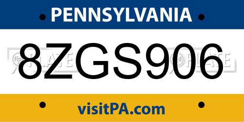 8ZGS906 Pennsylvania License Plate