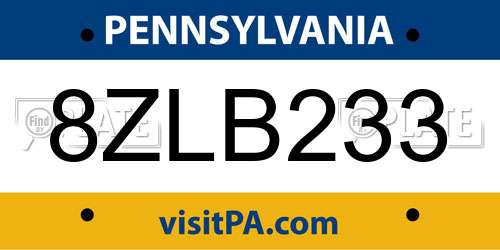 8ZLB233 Pennsylvania License Plate