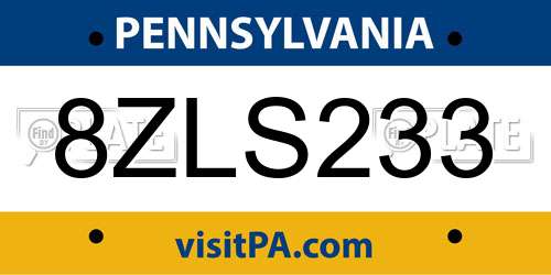 8ZLS233 Pennsylvania License Plate