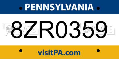 8ZR0359 Pennsylvania License Plate