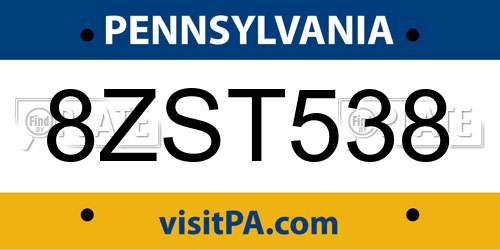 8ZST538 Pennsylvania License Plate