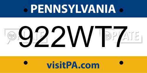 922WT7 Pennsylvania License Plate