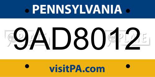 9AD8012 Pennsylvania License Plate