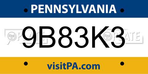 9B83K3 Pennsylvania License Plate