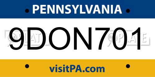 9DON701 Pennsylvania License Plate