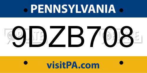 9DZB708 Pennsylvania License Plate