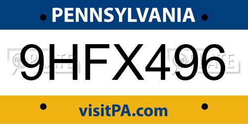 9HFX496 Pennsylvania License Plate