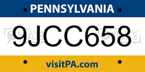 9JCC658 Pennsylvania License Plate