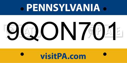 9QON701 Pennsylvania License Plate