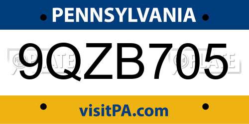 9QZB705 Pennsylvania License Plate