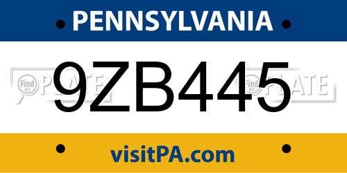 9ZB445 Pennsylvania License Plate