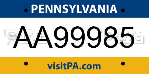AA99985 Pennsylvania License Plate