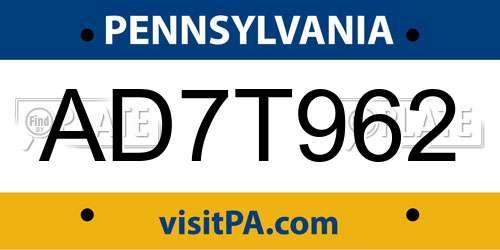 AD7T962 Pennsylvania License Plate