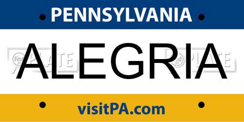 ALEGRIA Pennsylvania License Plate