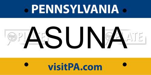 ASUNA Pennsylvania License Plate