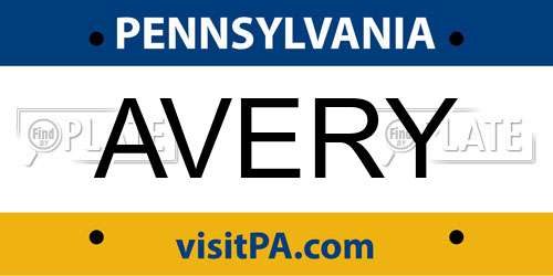 AVERY Pennsylvania License Plate