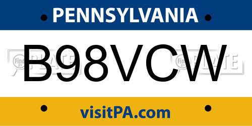B98VCW Pennsylvania License Plate