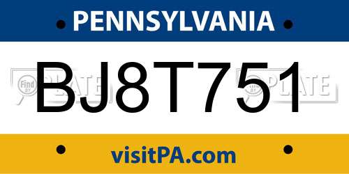 BJ8T751 Pennsylvania License Plate