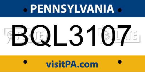 BQL3107 Pennsylvania License Plate