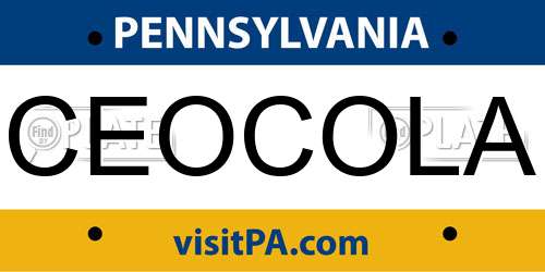 CEOCOLA Pennsylvania License Plate