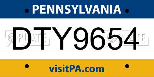 DTY9654 Pennsylvania License Plate