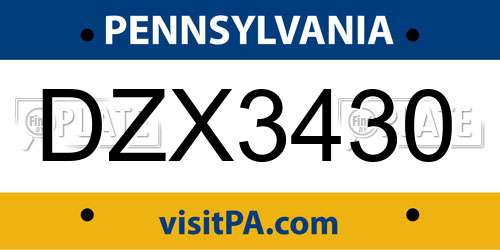 DZX3430 Pennsylvania License Plate