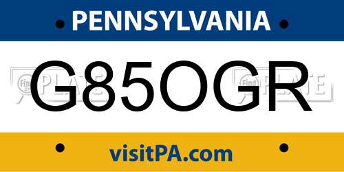 G85OGR Pennsylvania License Plate