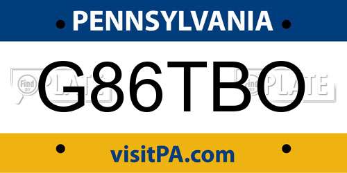 G86TBO Pennsylvania License Plate