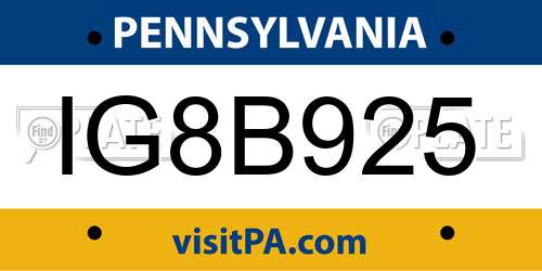 IG8B925 Pennsylvania License Plate