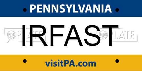 IRFAST Pennsylvania License Plate