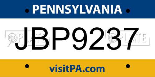 JBP9237 Pennsylvania License Plate