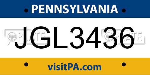 JGL3436 Pennsylvania License Plate