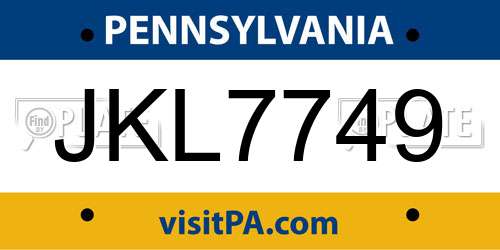 JKL7749 Pennsylvania License Plate