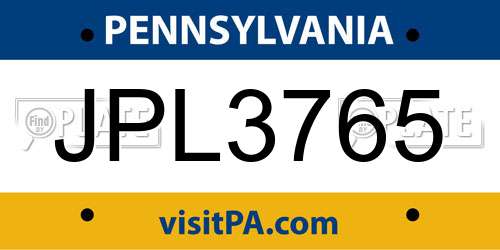 JPL3765 Pennsylvania License Plate