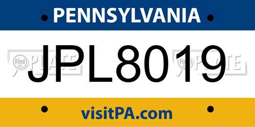 JPL8019 Pennsylvania License Plate