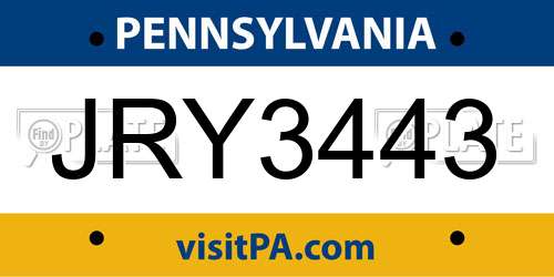JRY3443 Pennsylvania License Plate