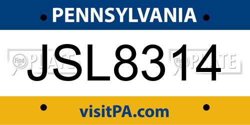 JSL8314 Pennsylvania License Plate