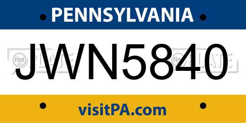 JWN5840 Pennsylvania License Plate