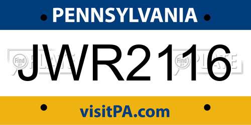 JWR2116 Pennsylvania License Plate