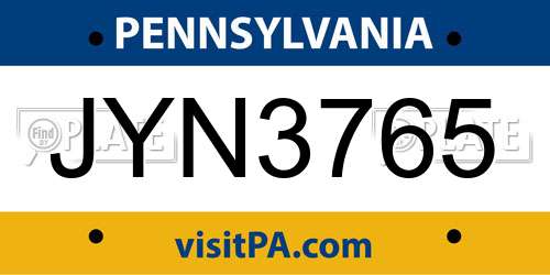 JYN3765 Pennsylvania License Plate