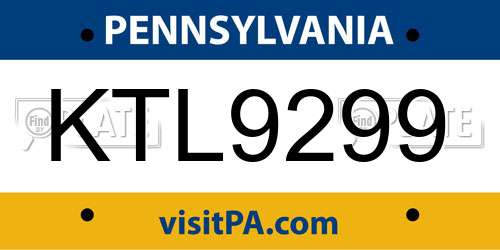 KTL9299 Pennsylvania License Plate